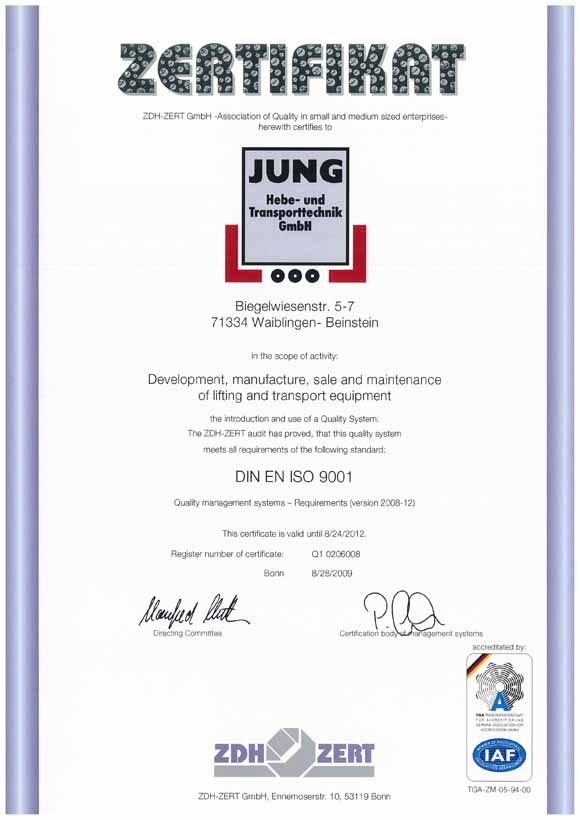 德国JUNG品牌ISO9001质量体系认证